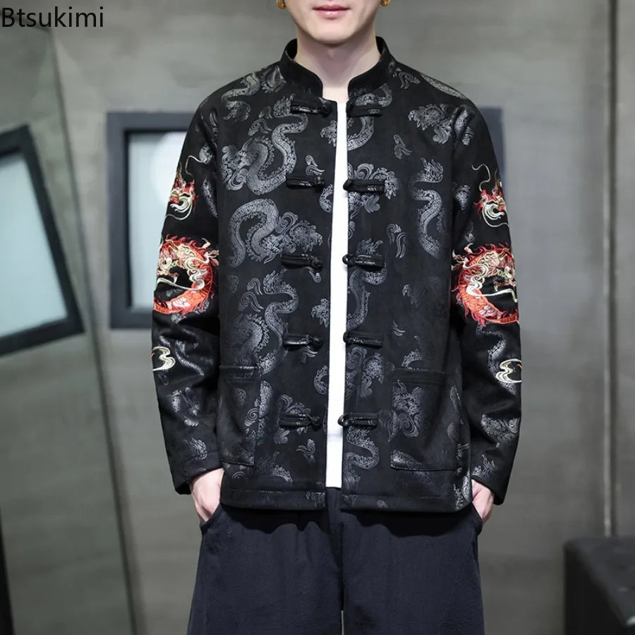 Black woven tang suit jacket with silver dragon patterns, stand collar, and knotted buttons for traditional events.