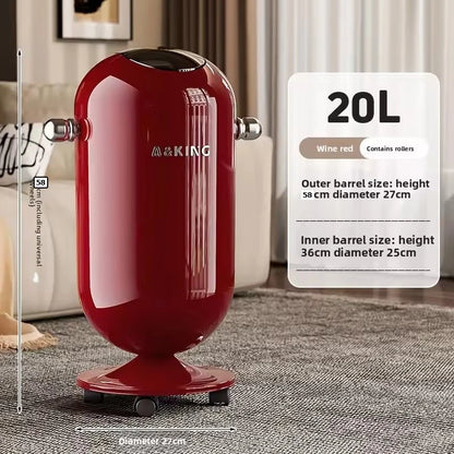 Wine red cylindrical trash can on wheels with a 20L capacity, labeled "A&KING", with size and feature text overlay.