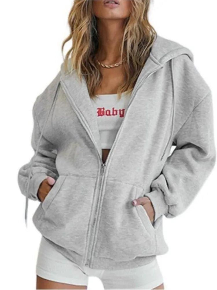 Women's Cotton Blend Hooded Sweatshirt With Zipper And Drawstring Pocket Long Sleeve