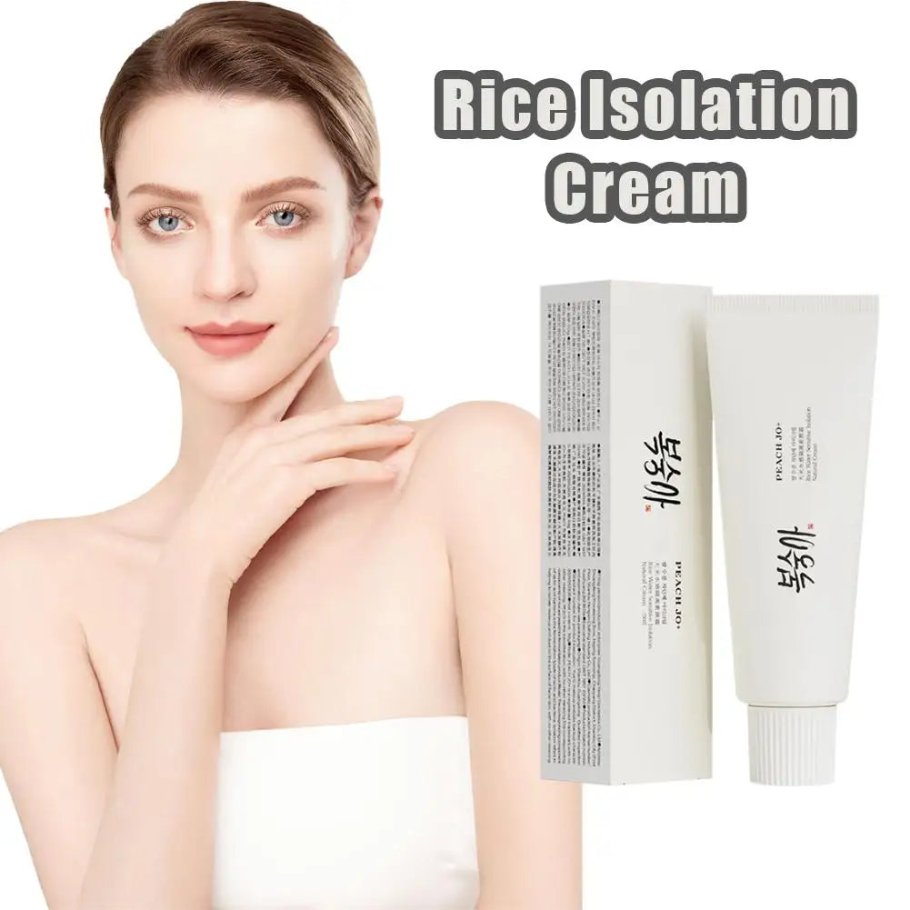 A white tube and box of SPF50+ Rice Extract Moisturizing Cream, next to a woman with smooth skin.