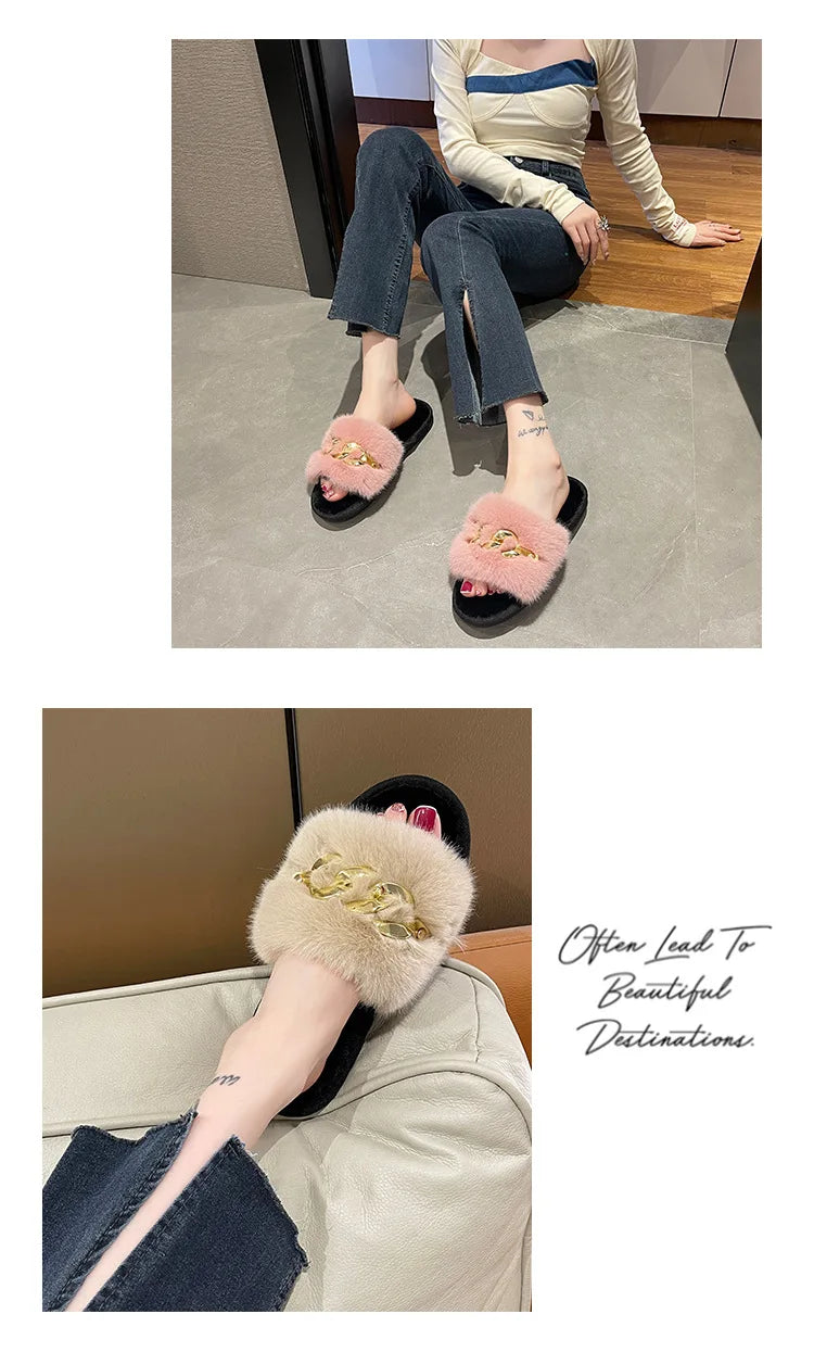 Plush Slippers for Women with Chain Detail and Cushioned Sole