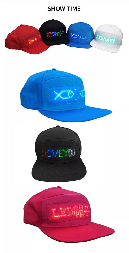 LED message display baseball cap with customizable text