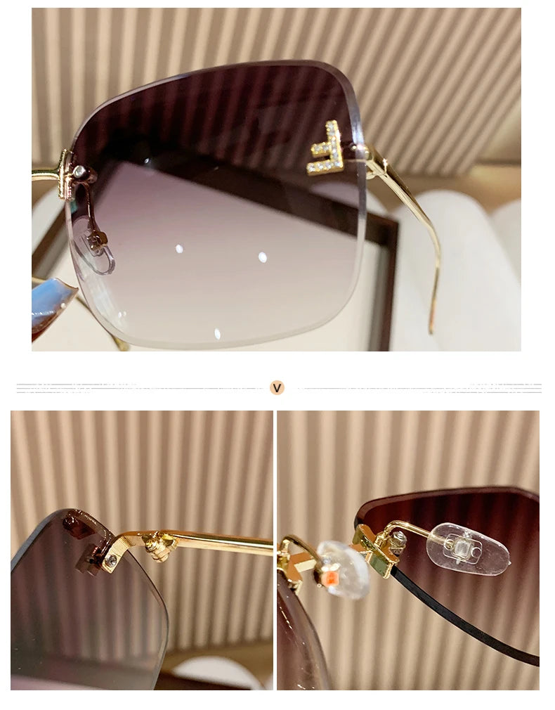 Featherlight Rimless Sunglasses Large Square Frame with Diamond Accent