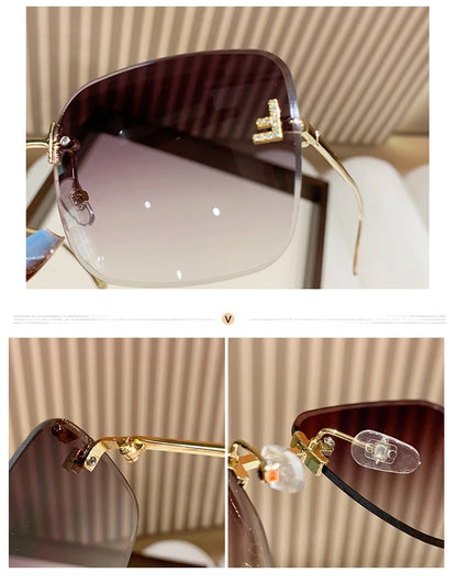 Featherlight Rimless Sunglasses Large Square Frame with Diamond Accent
