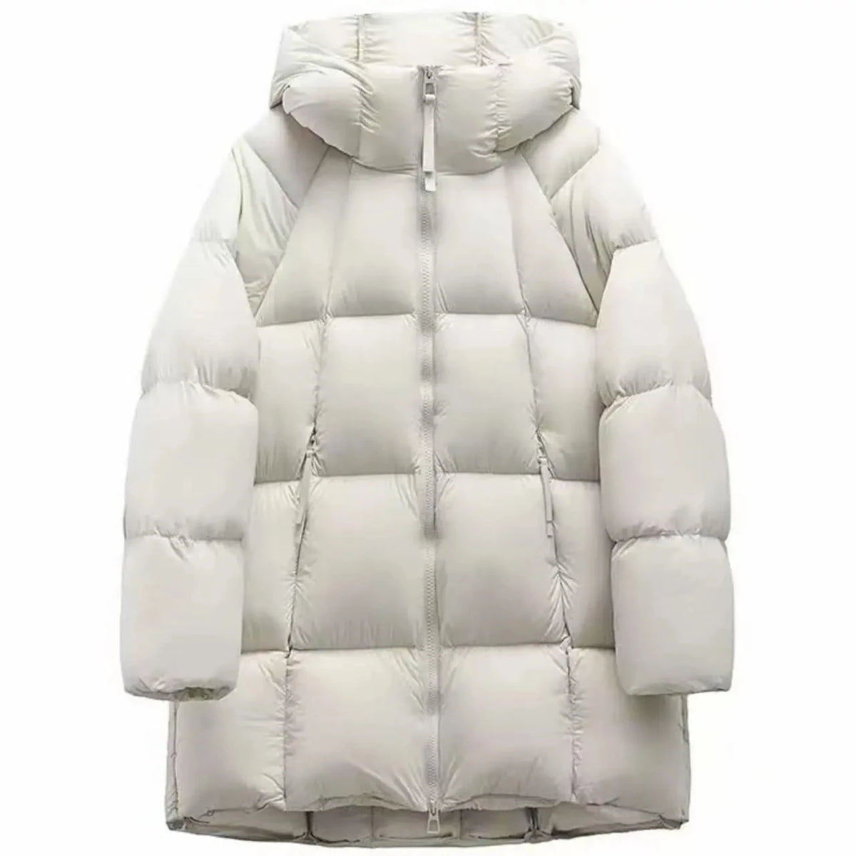 Women's long puffer hooded jacket with pockets