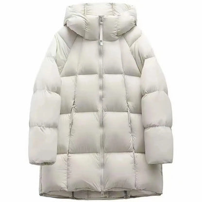 Women's long puffer hooded jacket with pockets