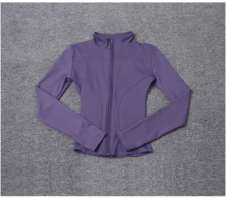 Purple long sleeve fitted sports jacket with zip-up front and high collar for gym training and yoga.