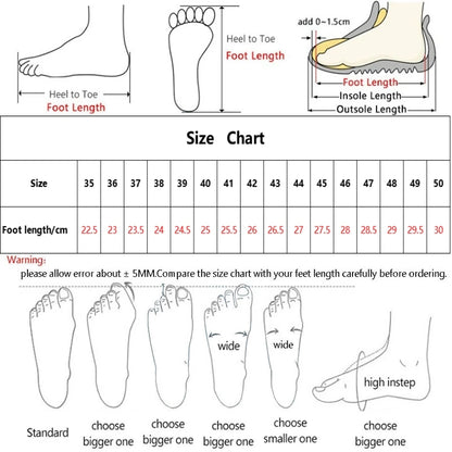 A foot sizing chart and measurement guide showing heel-to-toe length for sizes 35 through 50.