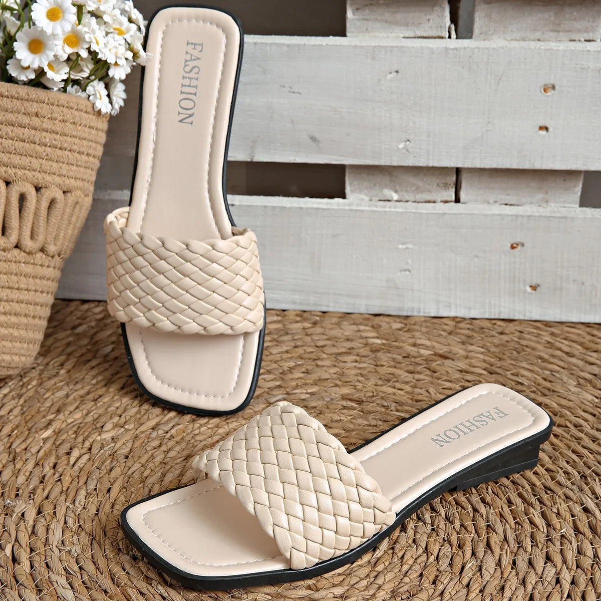 Women's PU Sandals With Woven Strap And Low Wedge Heel And Textured Rubber Outsole