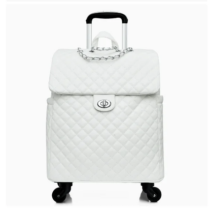 White quilted faux leather rolling luggage trolley with silver chain handle and twist lock closure.