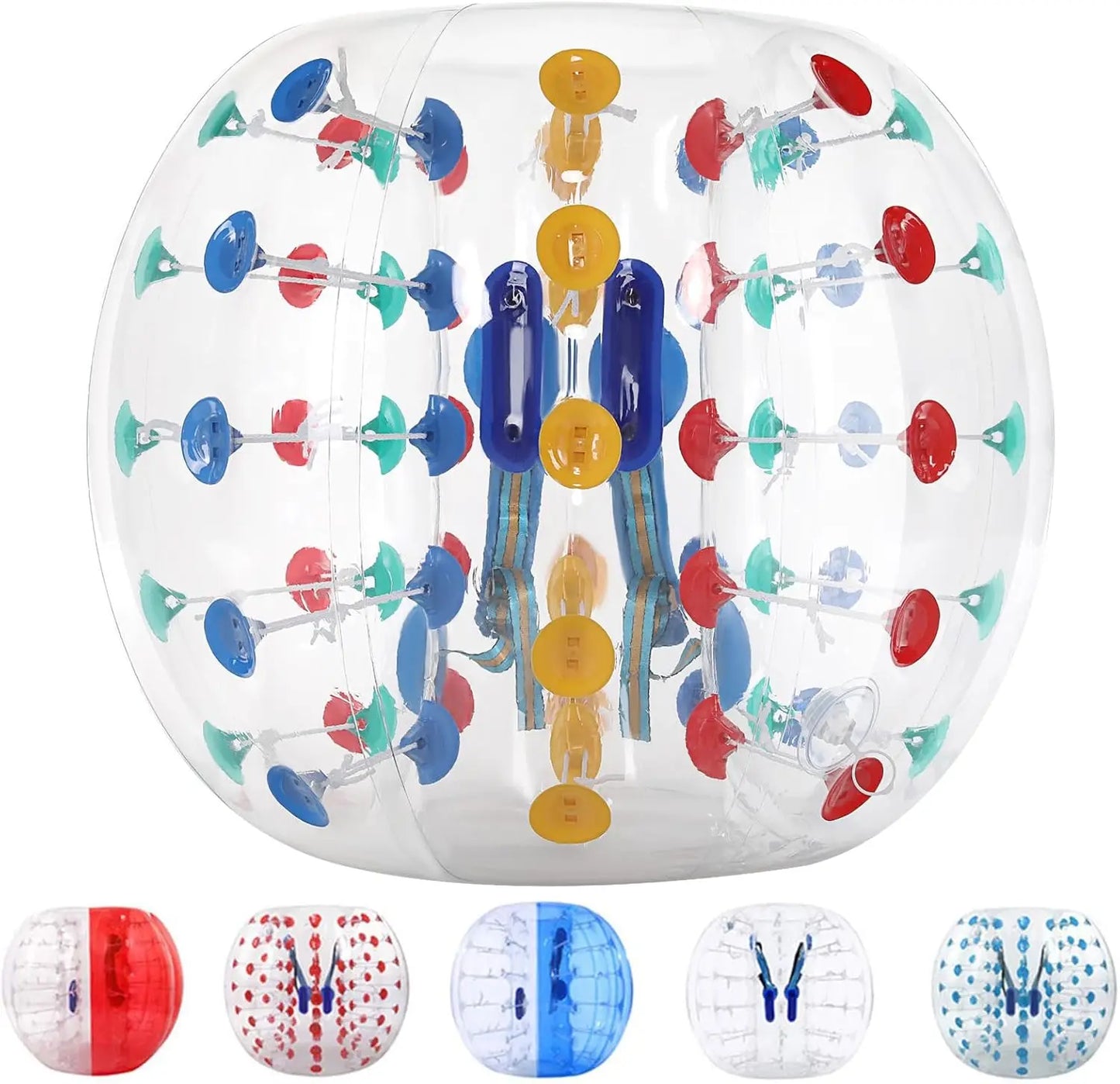 Clear TPU inflatable bumper ball with colorful handles and adjustable straps for outdoor sports and active family play.