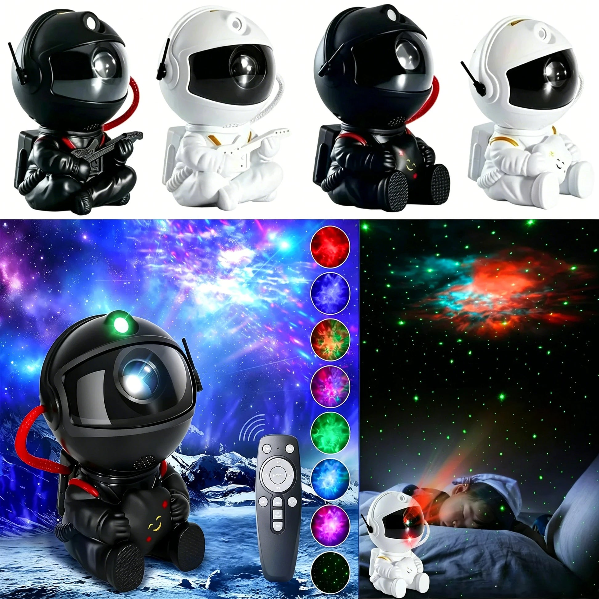 Black and white astronaut LED ceiling lamp with remote control for bedroom galaxy night light projection.