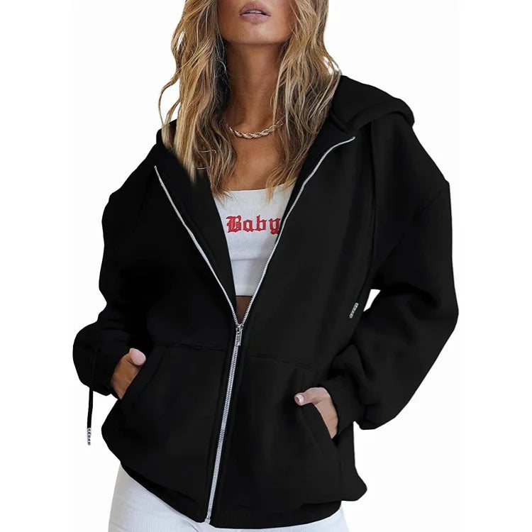 Women's Cotton Blend Hooded Sweatshirt With Zipper And Drawstring Pocket Long Sleeve