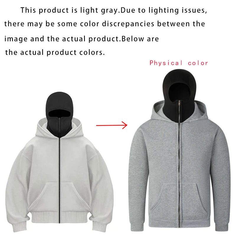 Unisex Cotton Blend Zip Hoodie With Built-In Hooded Face Mask For Cold Weather And Everyday Wear