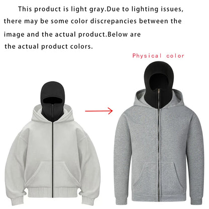 Unisex Cotton Blend Zip Hoodie With Built-In Hooded Face Mask For Cold Weather And Everyday Wear