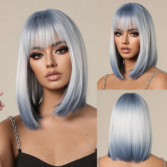 Synthetic Wigs Short Ombre Sky Blue White Wig with Bangs Straight Blunt Bob Cut Hair for Women Halloween Cosplay Heat Resistant