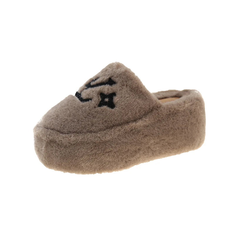 Warm Slippers for Women Indoor Non Slip Plush Traction Rubber Sole With Wedge Heel