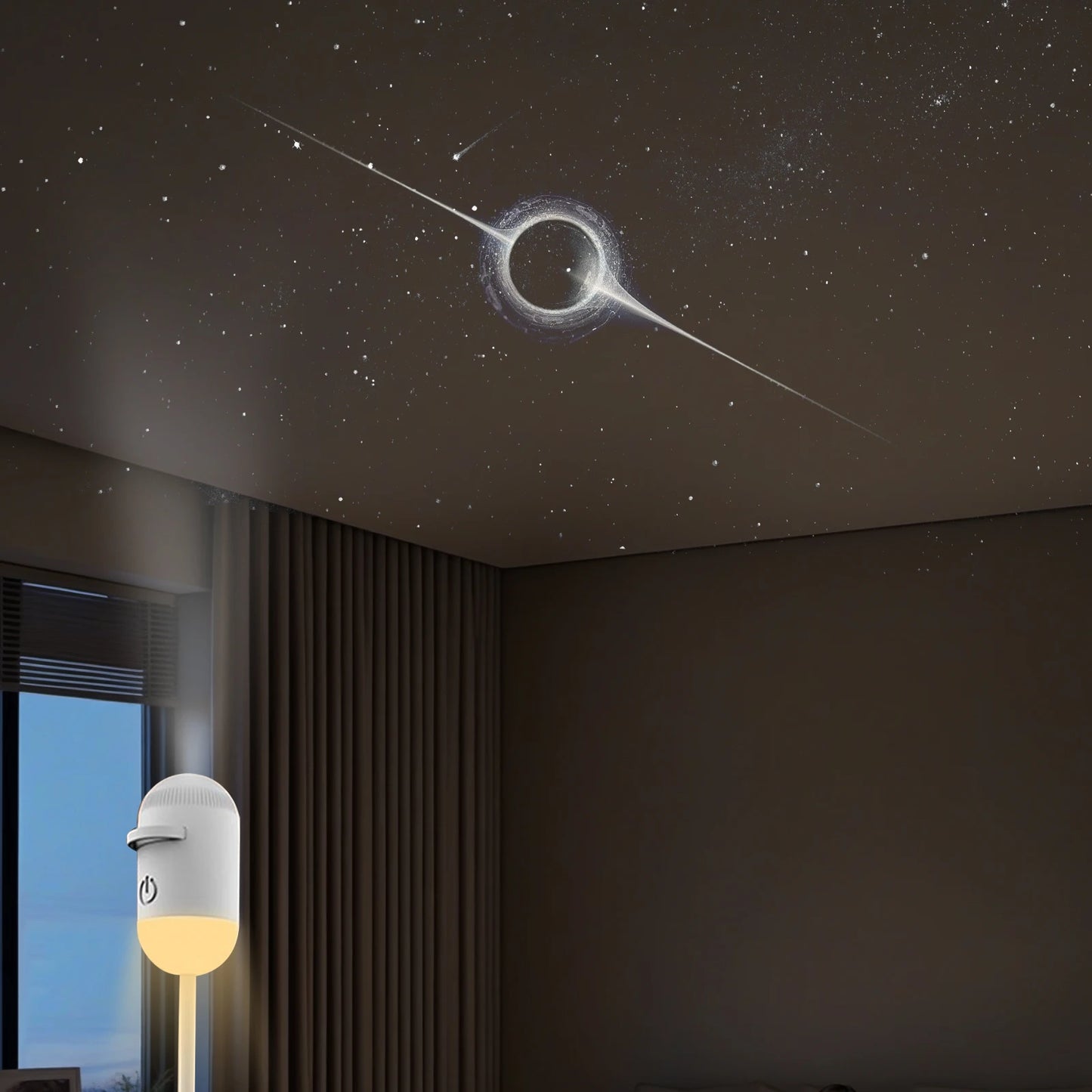 White portable LED galaxy projector displays a black hole and stars on a bedroom ceiling for a relaxing environment.