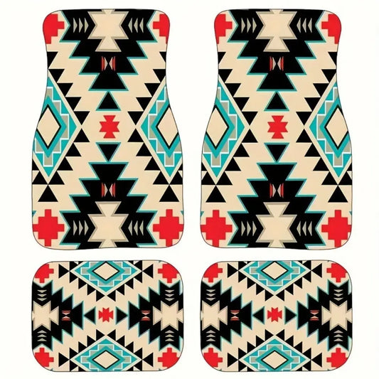 Four car floor mats featuring a geometric Aztec print in black, beige, turquoise, and red.