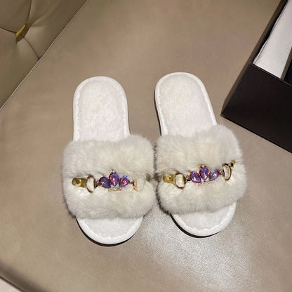 Embellished Crystal Chain Slippers with Winter Warmth Anti Slip Grip