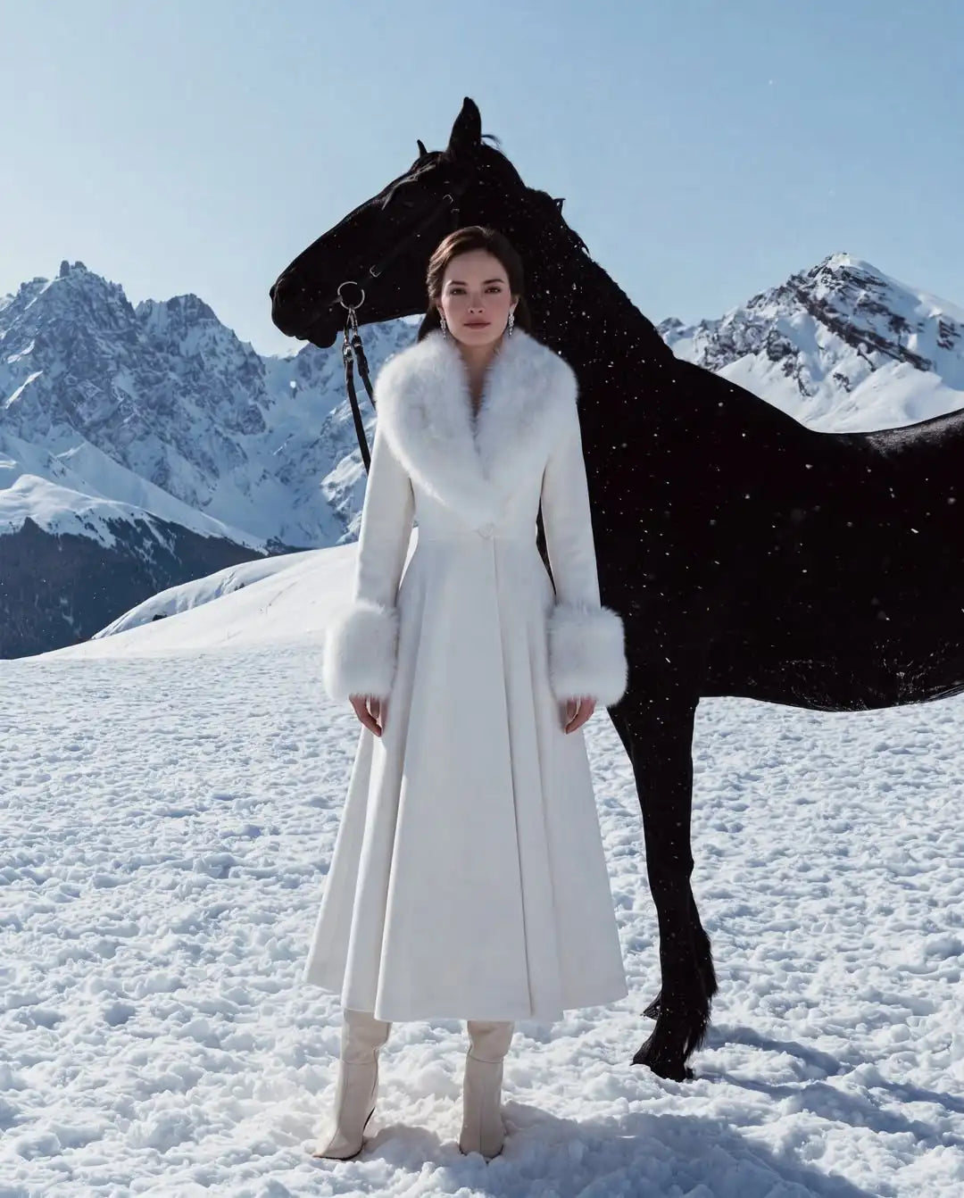 Women's wool-blend maxi coat with faux fur collar and cuffs