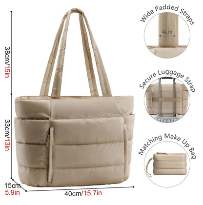 Beige puffy polyester tote bag with zip closure, multi-pocket design and luggage strap for travel and work.