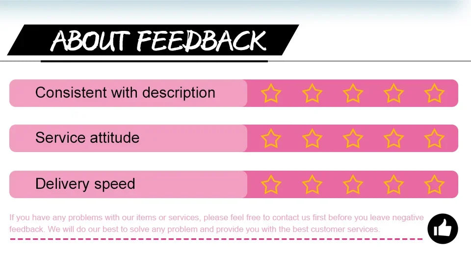 Rating graphic with three categories: consistent with description, service attitude, and delivery speed, each showing five empty star outlines.