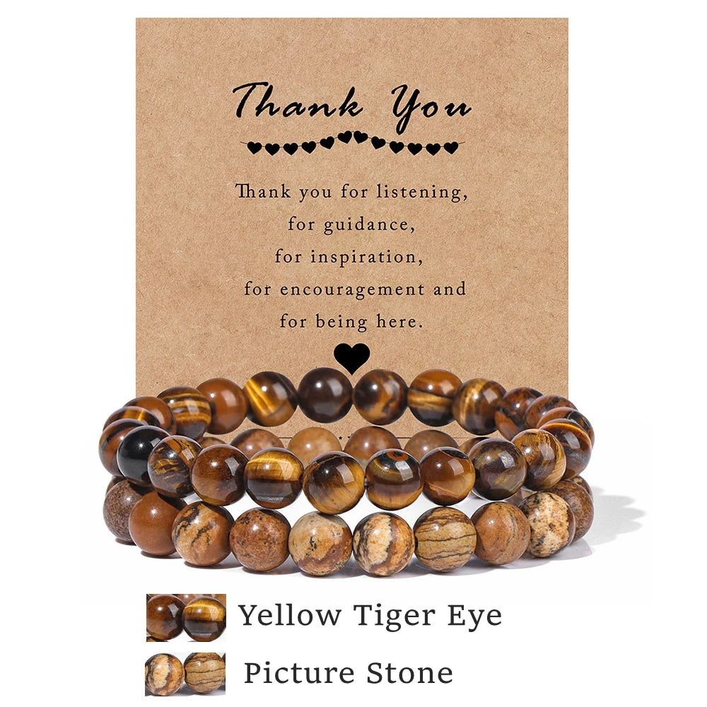 Beachwear Style Bracelet Set for Couples with Natural Amethyst Cat Eye Beads and Gift Card
