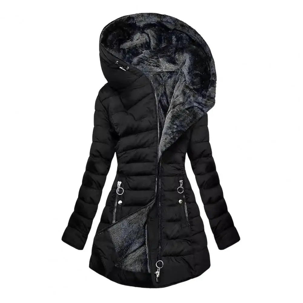Women's long hooded puffer coat with full zip and pockets