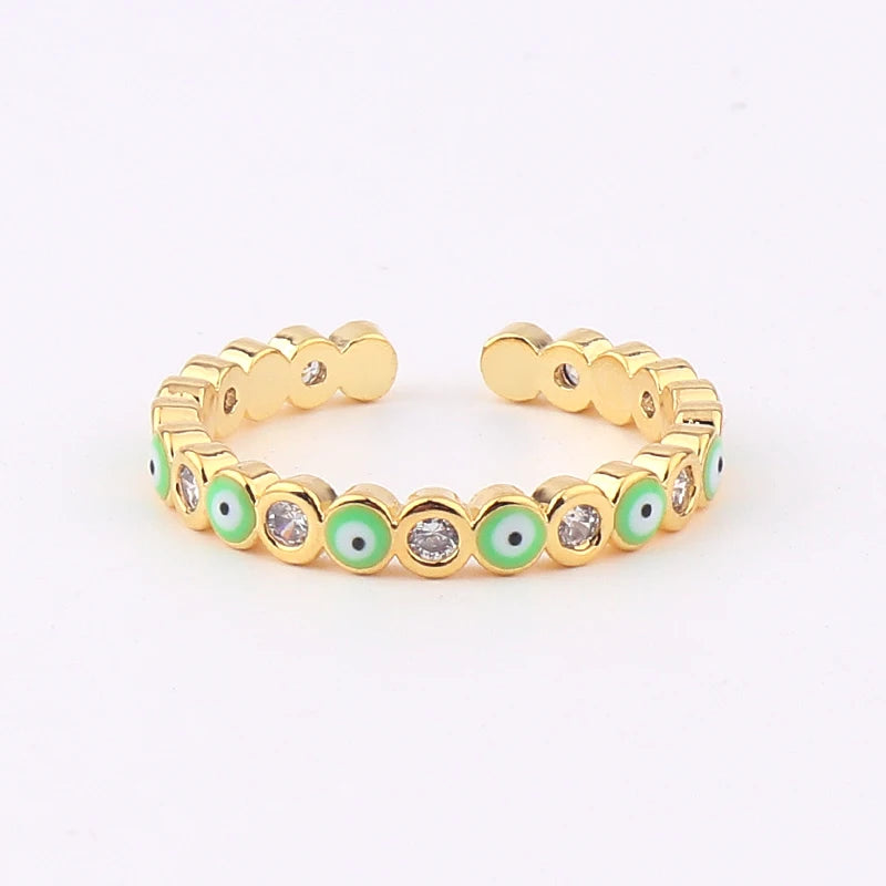 Adjustable Ring with Blue Evil Eye Open Copper Gold Tone Zircon Accent