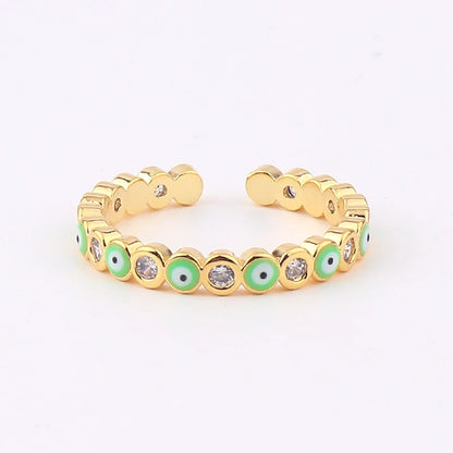 Adjustable Ring with Blue Evil Eye Open Copper Gold Tone Zircon Accent
