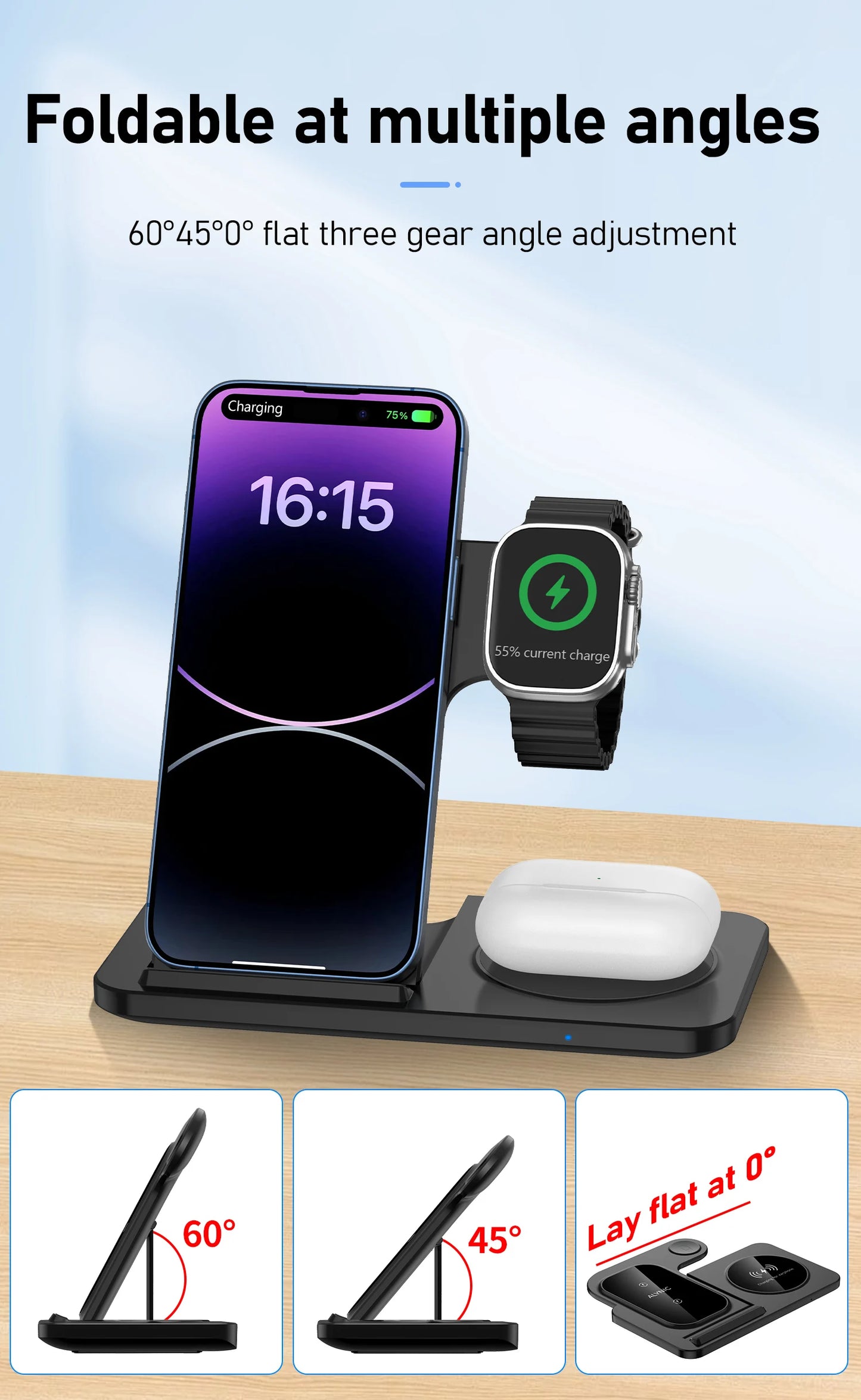 Foldable Wireless Dock for Smartphones and Earbuds 3-in-1