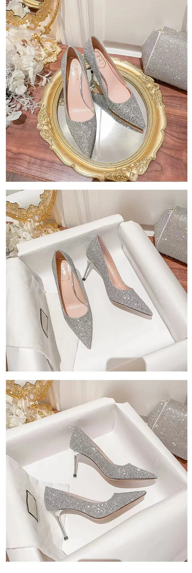 Silver glitter pointed-toe slim heels for weddings. These cushioned dress shoes provide a formal look.