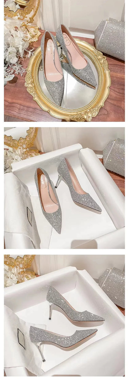 Silver glitter pointed-toe slim heels for weddings. These cushioned dress shoes provide a formal look.