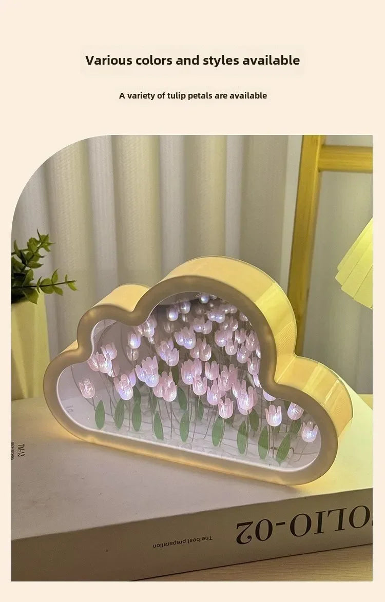 Cloud-shaped crystal glass LED night light with pink tulip floral motif and sculpted base for desk decor.