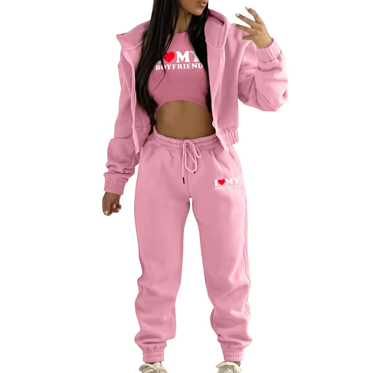 Pink knit sweater set with letter print, hooded jacket, and high waist joggers for a comfortable loungewear look.