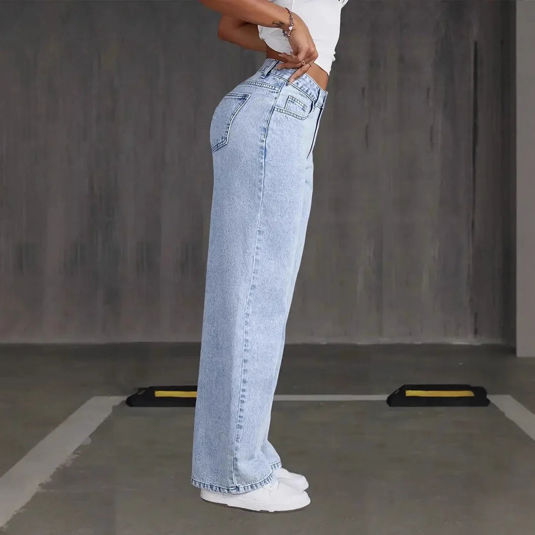 Stretchy Denim Wide Leg Pants with Pockets and Subtle Distressing for Everyday Ease