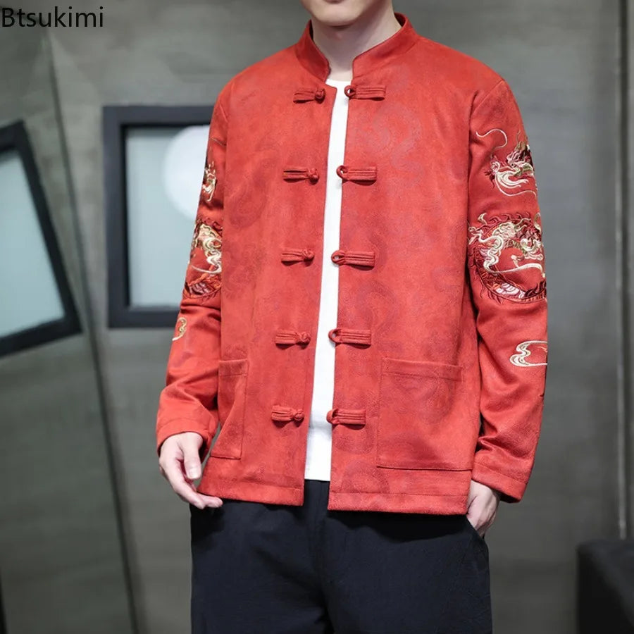 Red woven tang suit jacket with gold dragon embroidery, stand collar and toggle buttons for traditional formal events.