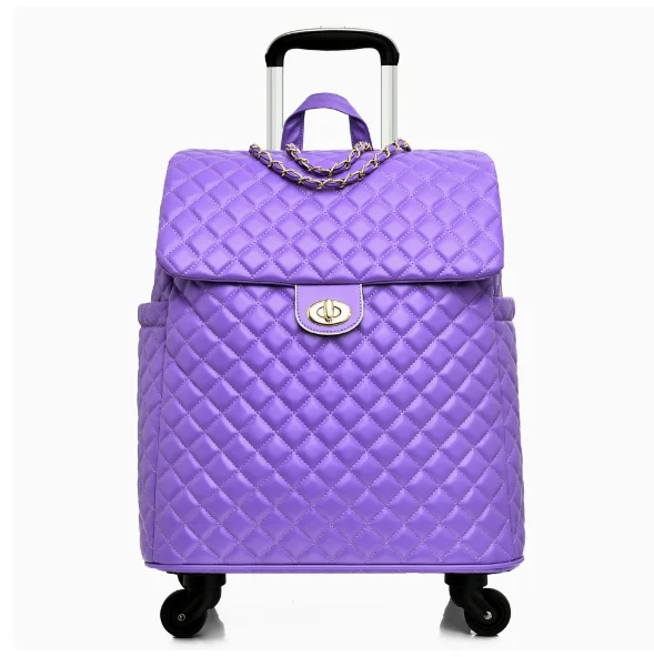 Purple quilted faux leather rolling trolley bag with gold chain accent, top handle, and extendable handle.