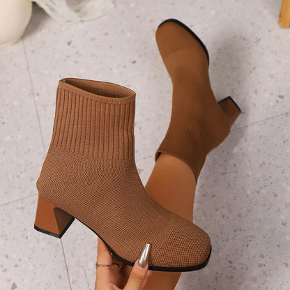 Women's Knitted Heel Boots 2025 - Yellow Beige Fashion Elastic Sock Boots with Square Heel