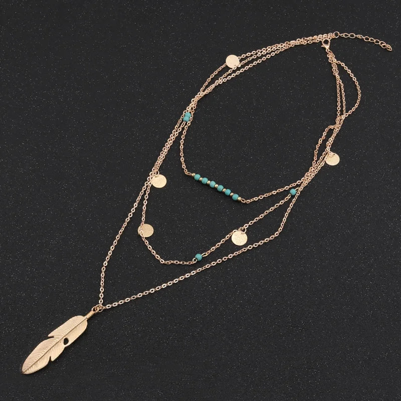 Gold-colored multi-layer chain necklace with turquoise beads, coin charms, and a feather pendant.