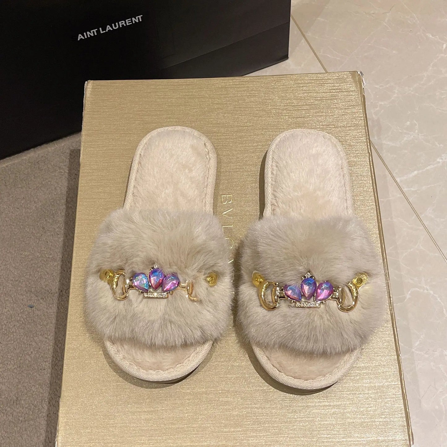 Embellished Crystal Chain Slippers with Winter Warmth Anti Slip Grip