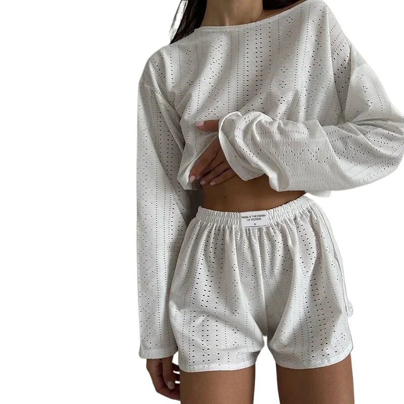 Soft Two-Piece Pajama Set with Long Sleeve Top and Shorts for Women