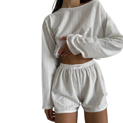 Soft Two-Piece Pajama Set with Long Sleeve Top and Shorts for Women