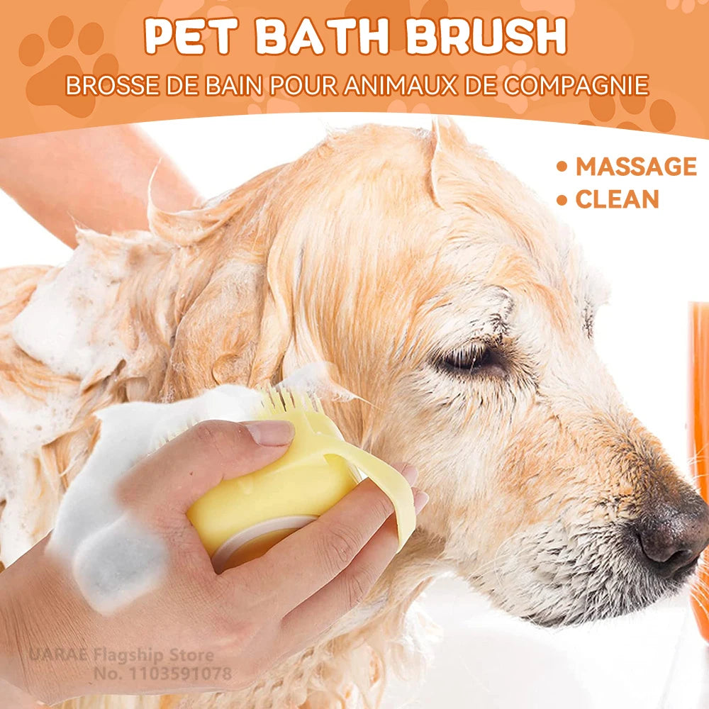 Pet Bath Brush With Soft Silicone Bristles And Dispenser For Dogs And Cats