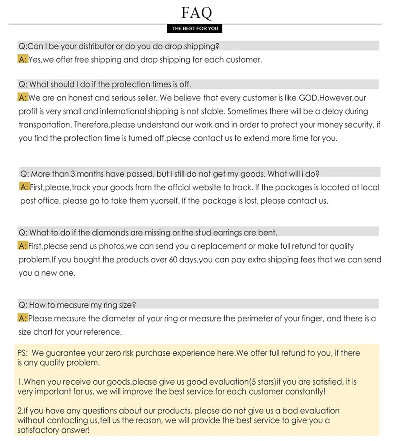 FAQ document with six questions and answers regarding shipping, tracking, missing items, and sizing.