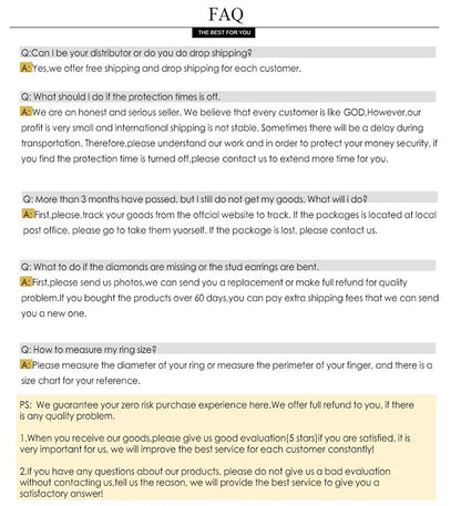 FAQ document with six questions and answers regarding shipping, tracking, missing items, and sizing.