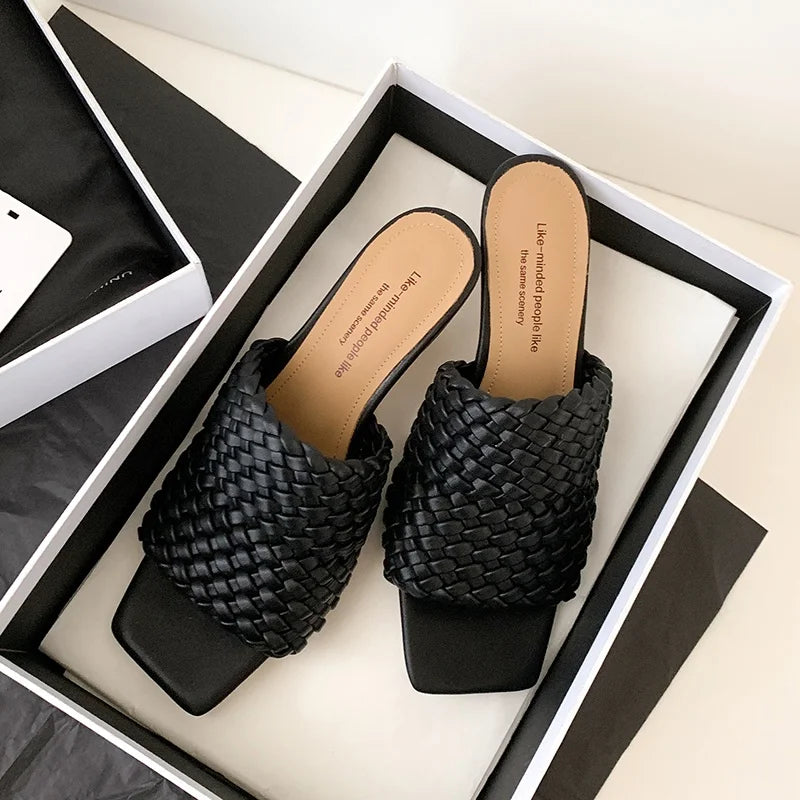 Woven Kitten Heel Sandals Open Toe With Sheepskin Cushioned Insole