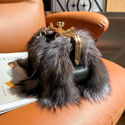 Real Fur Women Handbags Women Luxury Fox Fur Bag Fashion Female Furry Handbag Real Leather Evening Bag Natural Fur Shoulder Bag