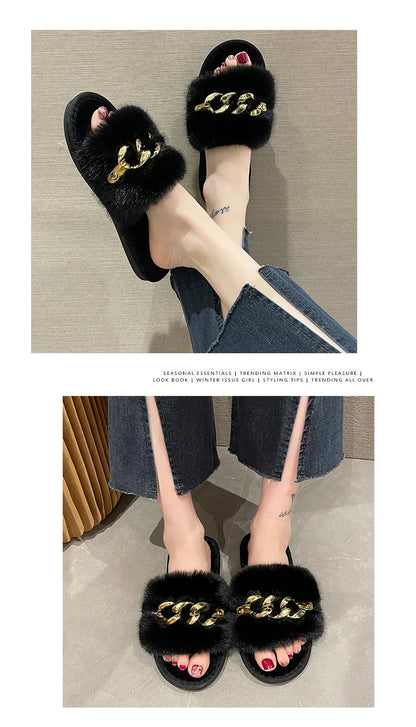 Plush Slippers for Women with Chain Detail and Cushioned Sole